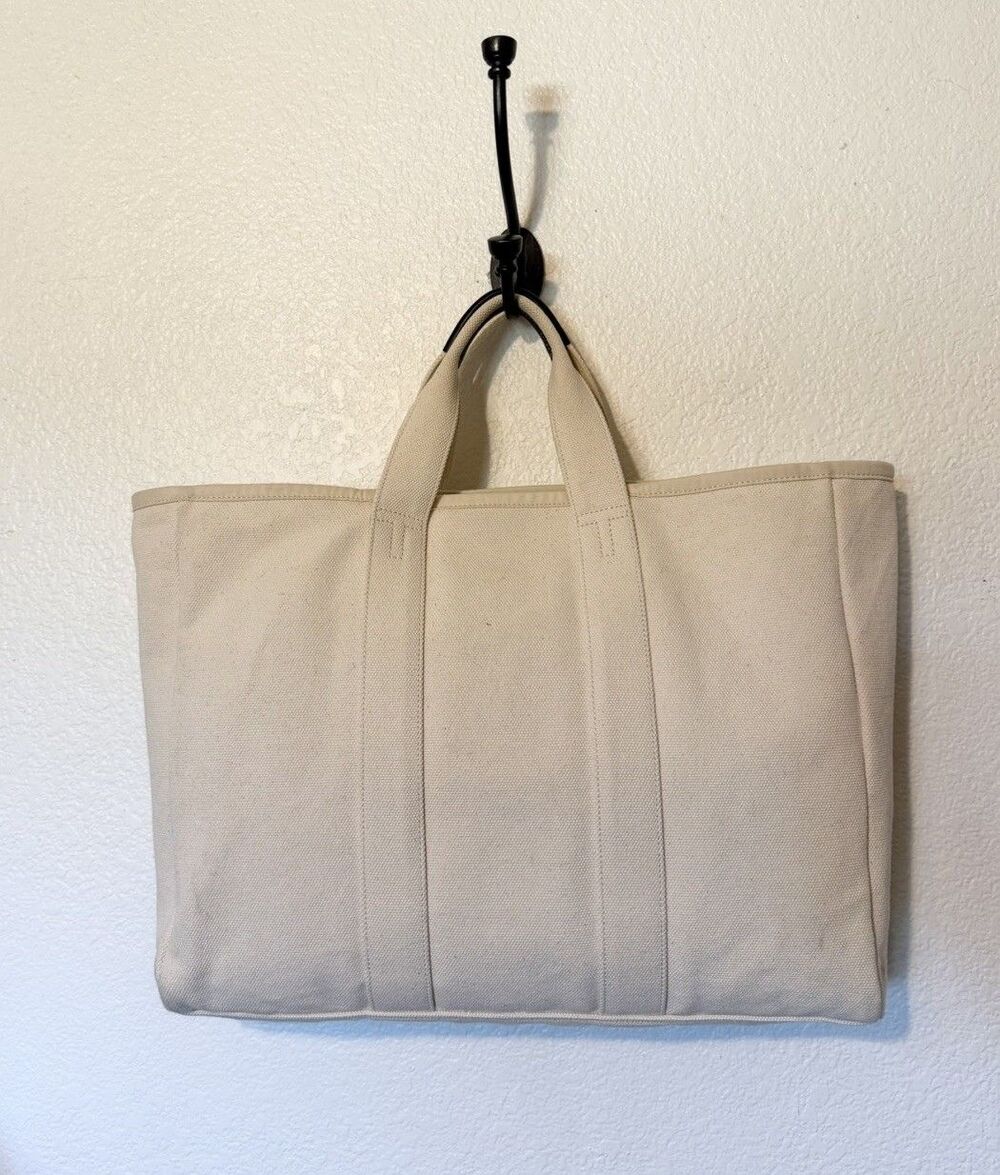 Tory Burch Large Canvas Tote Natural/Navy Blue Trim Market Shopper Beach 17x13 - Picture 8 of 15